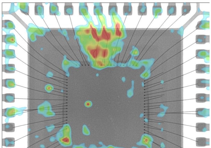 X-ray of an IC with a defect heat map over a depressed wirebond