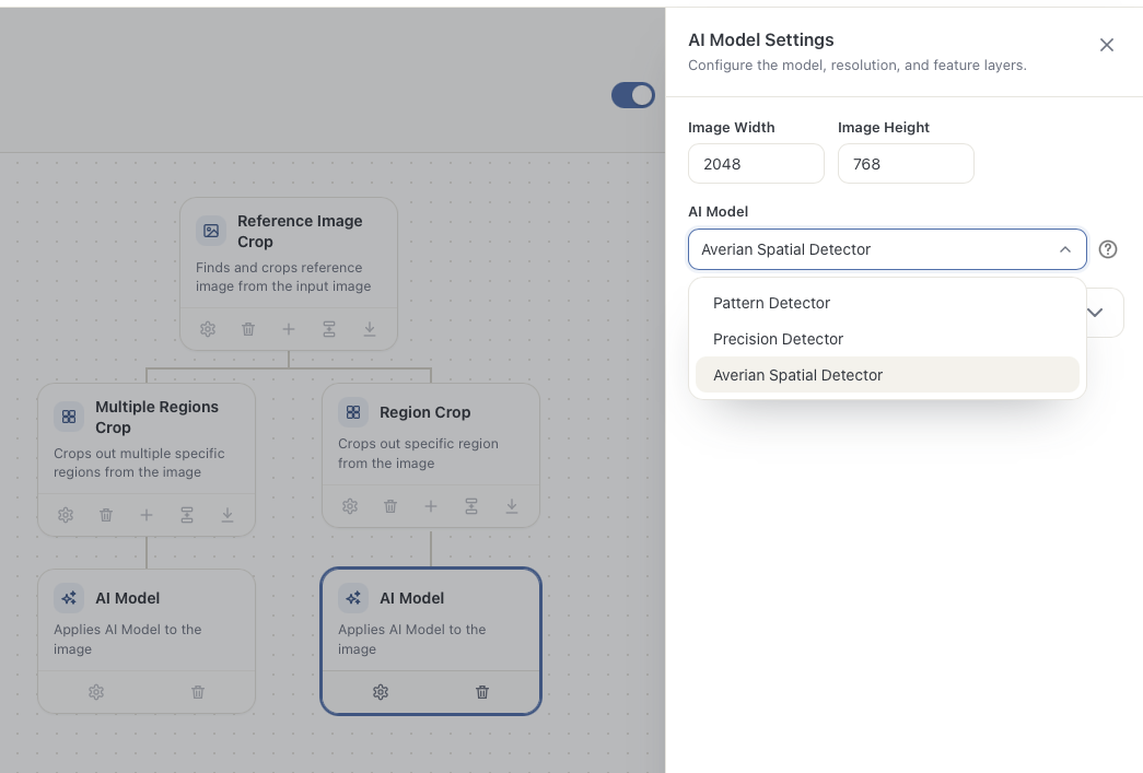AI Validator AI Model Settings panel with the model dropdown open, listing Pattern Detector, Precision Detector, and Averian Spatial Detector